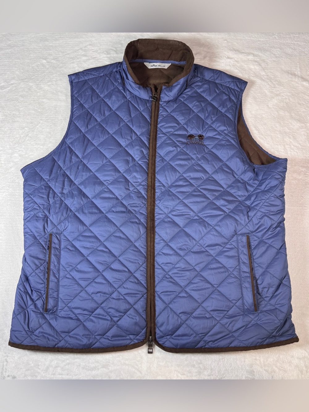Peter Millar Essex Men’s XL Quilted Blue Brown Fleece Lined Vest